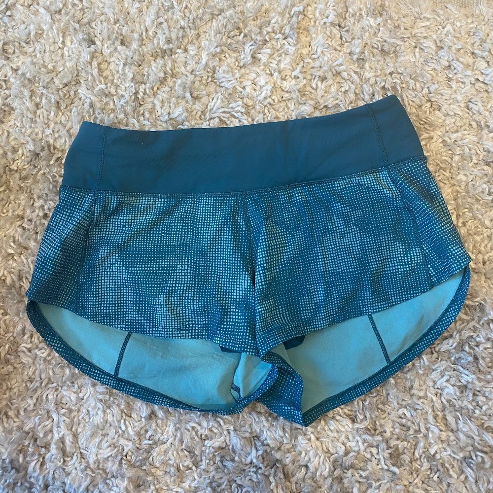 Lululemon Teal Patterned Speed Shorts, Size 2